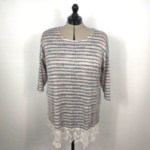 Faded Glory Striped Knit Top With Lace Trim on Bottom 3/4 Dolman Sleeves Size 2X